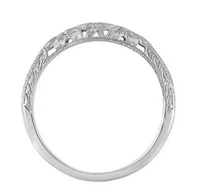 Art Deco Flowers and Wheat Engraved Filigree Wedding Band in 18 Karat White Gold