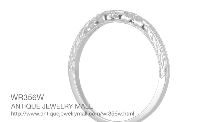 Art Deco Flowers and Wheat Engraved Filigree Wedding Band in 18 Karat White Gold