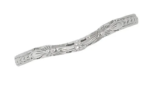 Art Deco Flowers and Wheat Engraved Filigree Wedding Band in 18 Karat White Gold