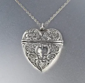 Art Nouveau Style Large Silver Repousse Heart Locket Necklace