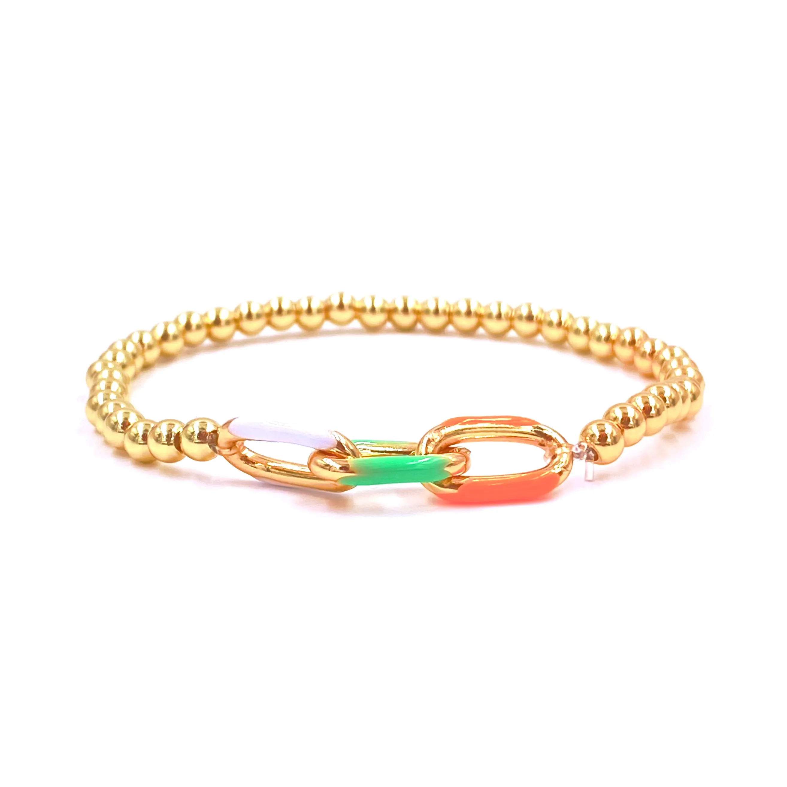 Ashley Gold Stainless Steel Gold Plated 4mm Enamel Link Chain Stretch Beaded Bracelet