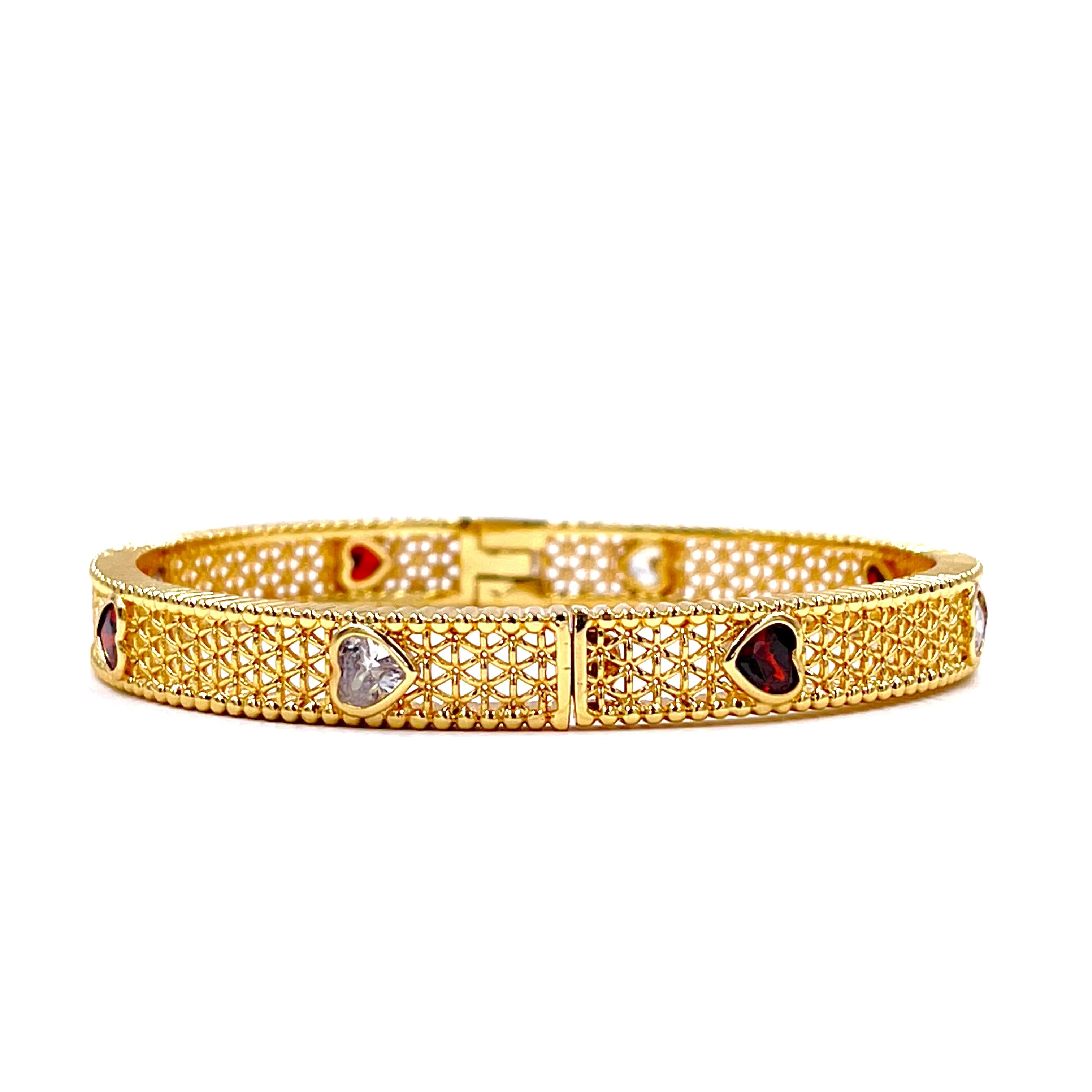 Ashley Gold Stainless Steel Gold Plated Antique Design Colored CZ Heart Bangle Bracelet