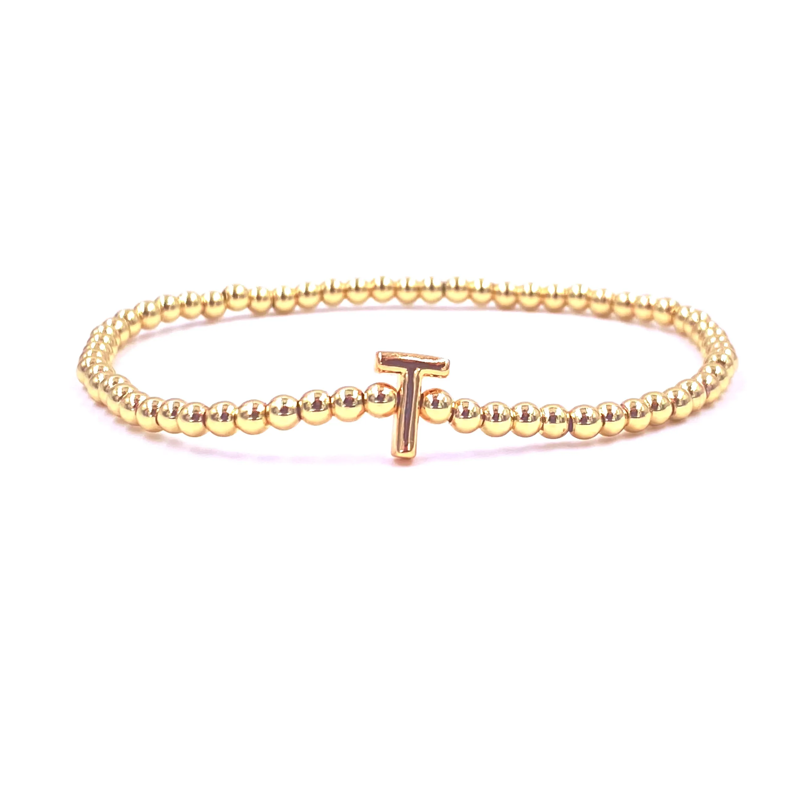 Ashley Gold Stainless Steel Gold Plated Center Initial Bead Design Stretch Beaded Bracelet