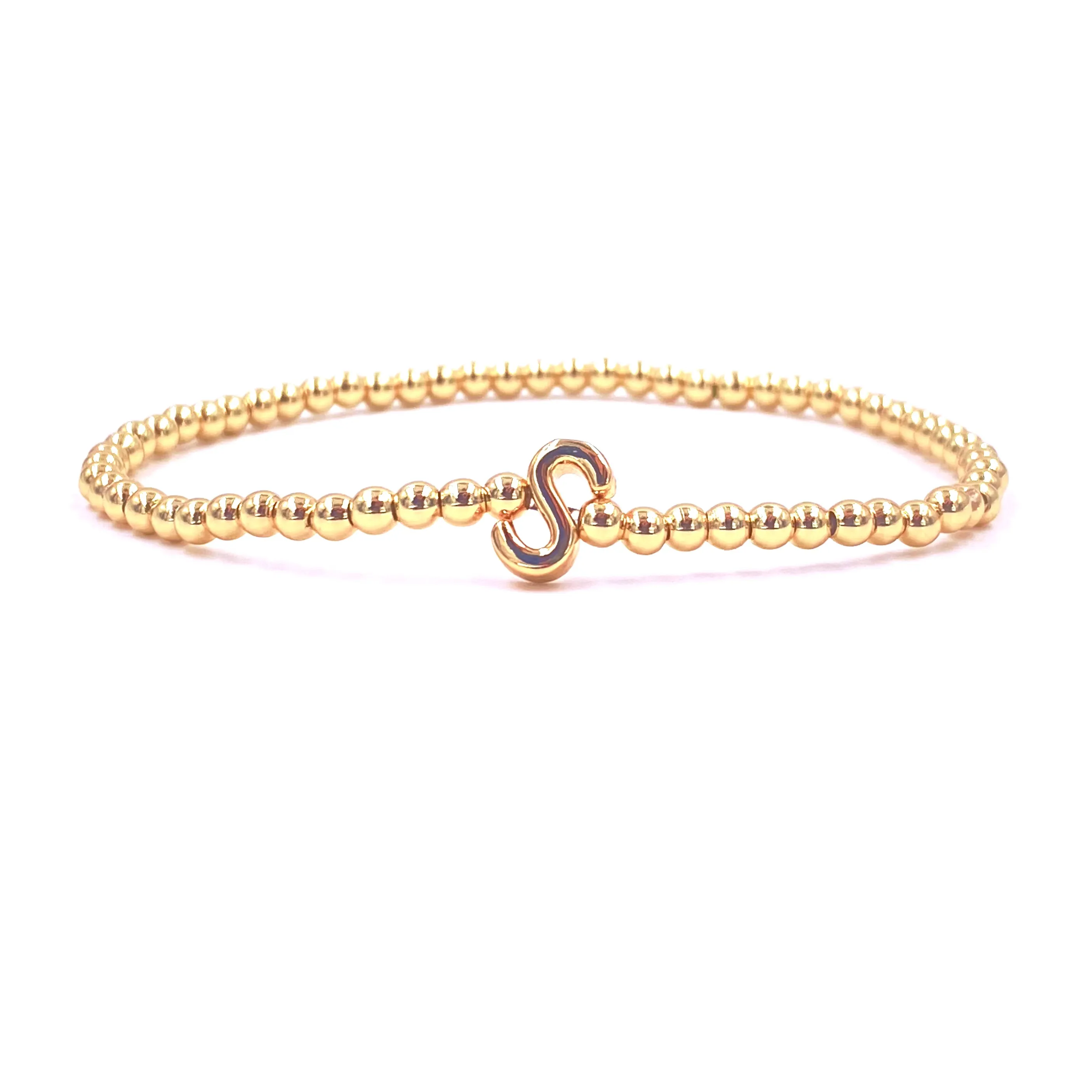 Ashley Gold Stainless Steel Gold Plated Center Initial Bead Design Stretch Beaded Bracelet