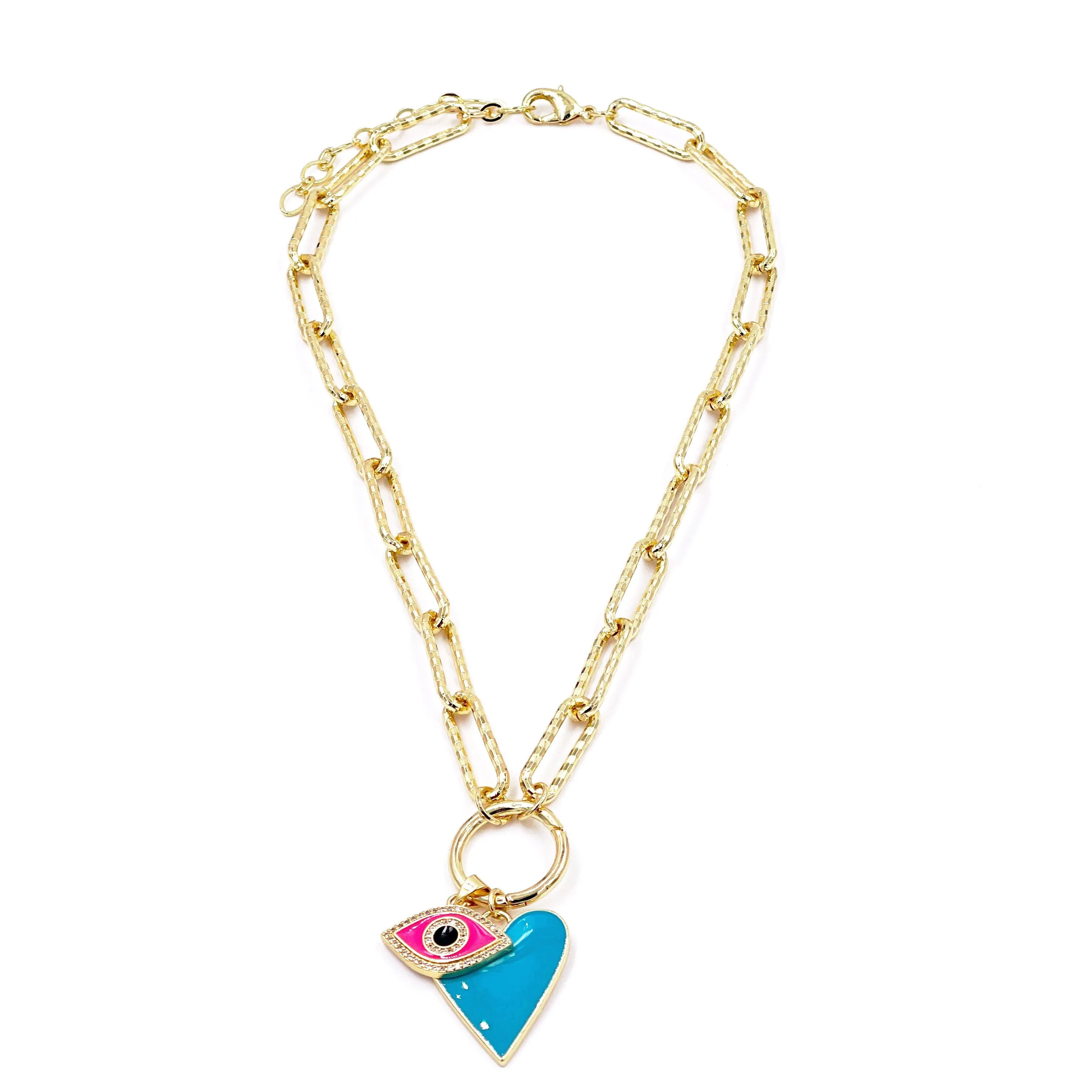 Ashley Gold Stainless Steel Gold Plated Open Link Enamel Charm Necklace