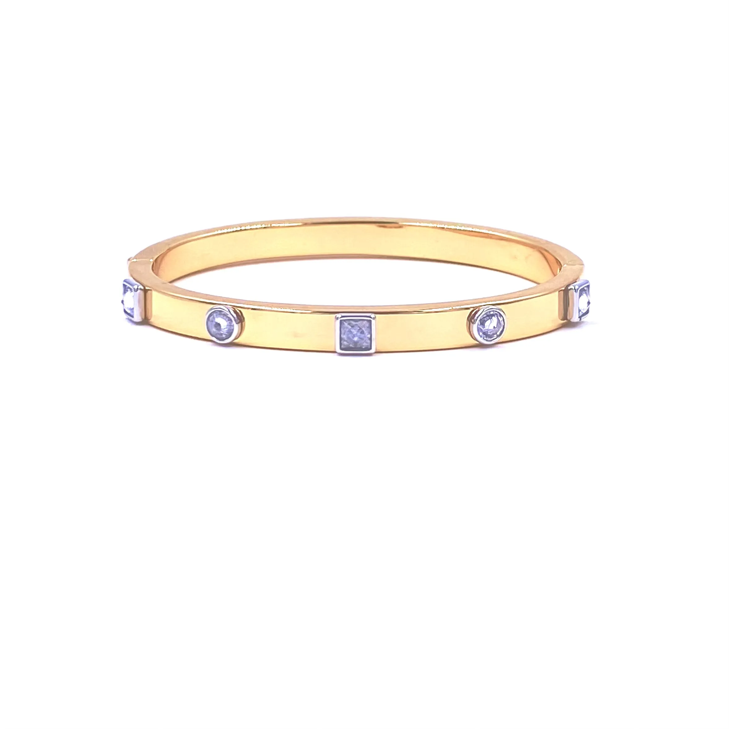 Ashley Gold Stainless Steel Gold Plated Princess And Round Cut CZ Mixed Metal Bangle Bracelet