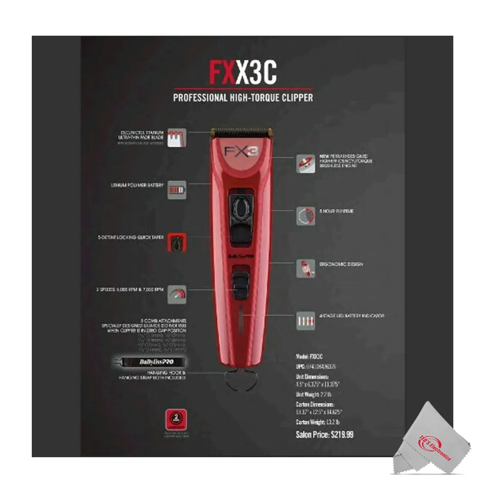 BaByliss PRO FX3 Professional High Torque Cordless Clipper with Styling Comb