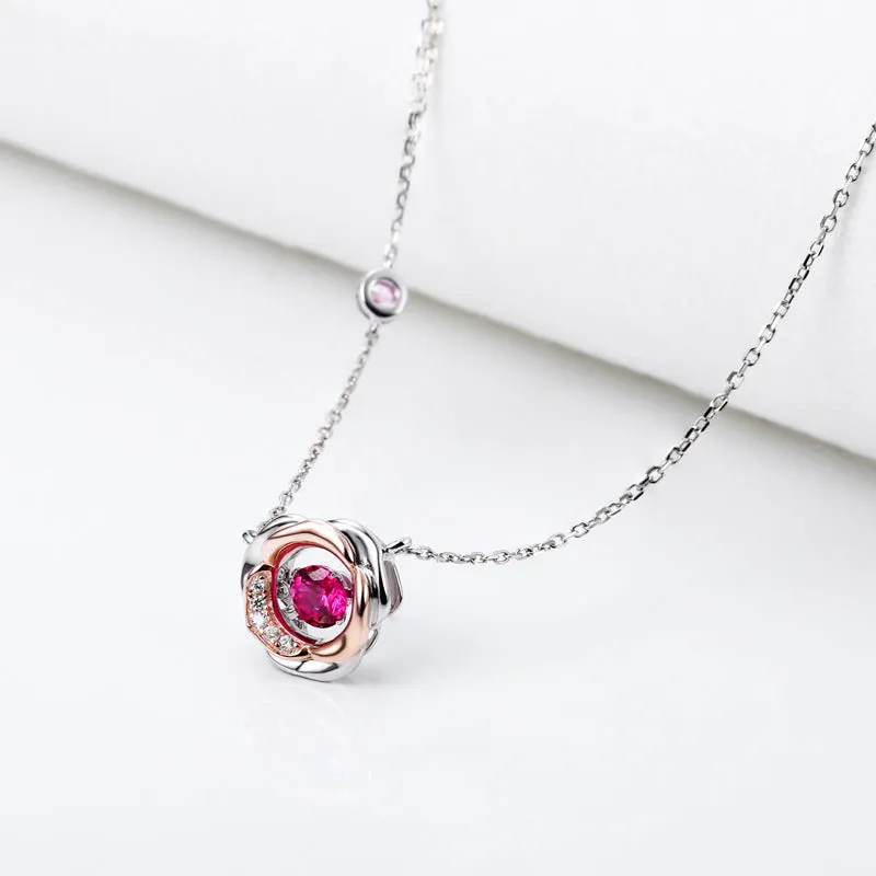 Barbie Pink Zircon Camellia Pendant Silver Necklace for Women