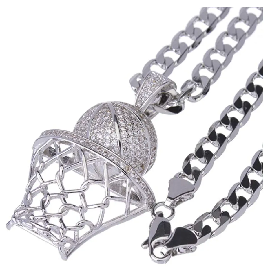 Basketball Chain Luxury Iced Out Diamond Rim Net Pendant Cuban Link Silver Necklace