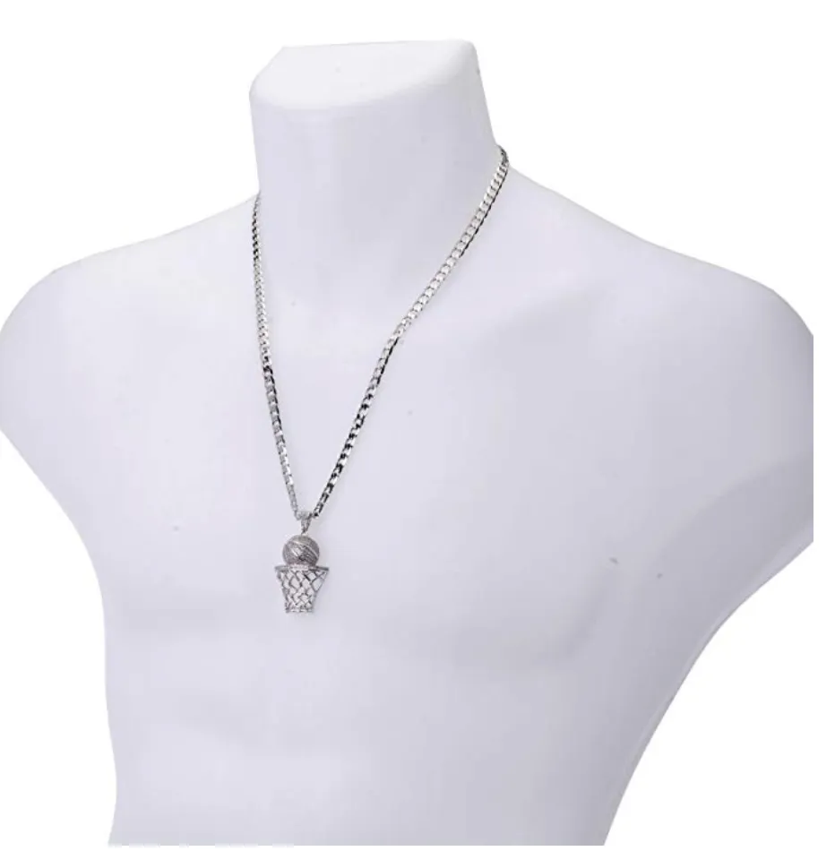 Basketball Chain Luxury Iced Out Diamond Rim Net Pendant Cuban Link Silver Necklace