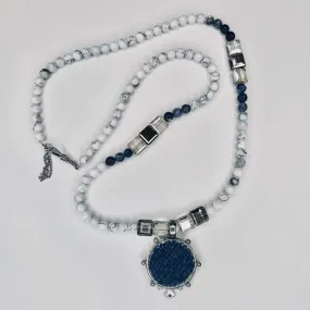 Beaded Necklace Boho Pendant Navy Blue & White