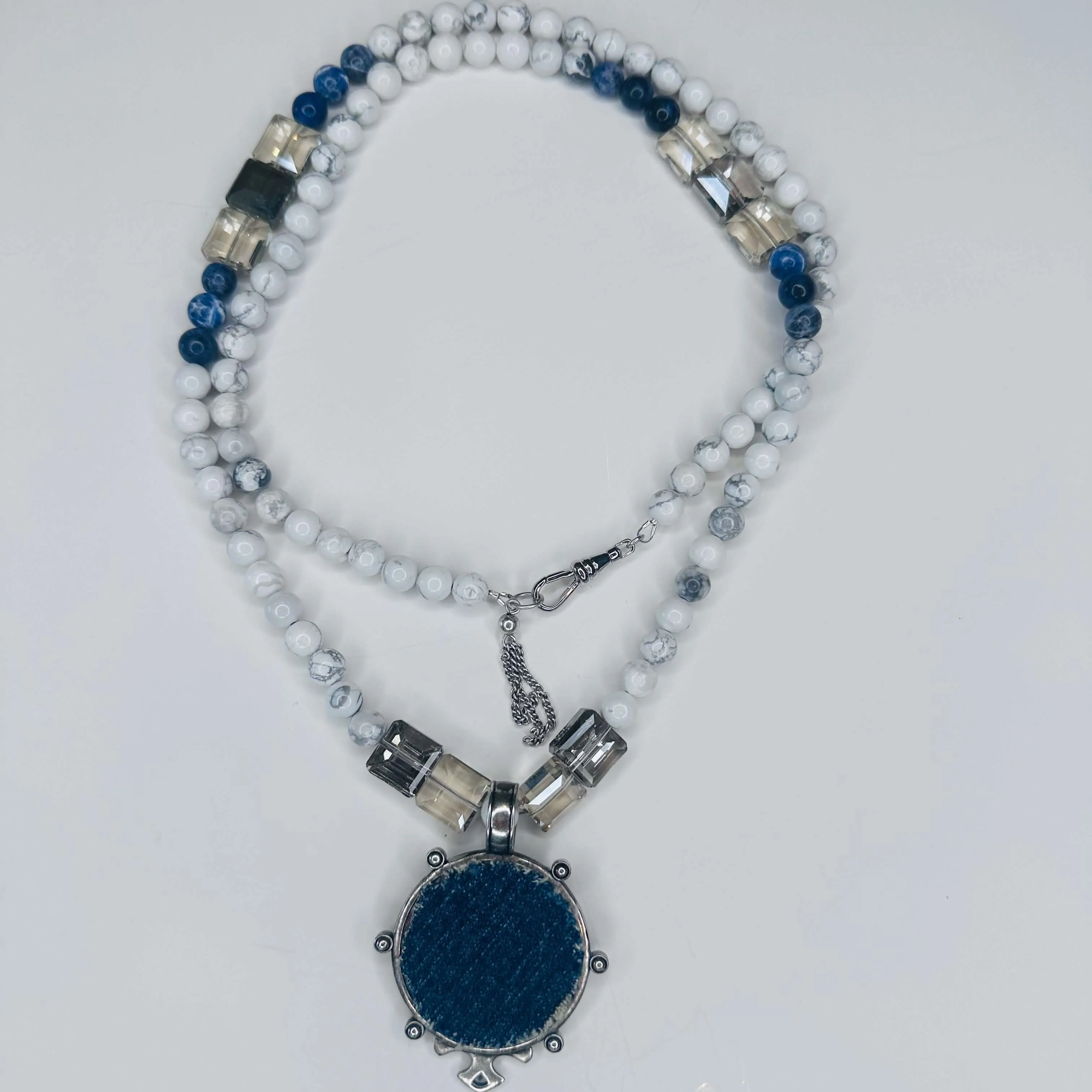 Beaded Necklace Boho Pendant Navy Blue & White