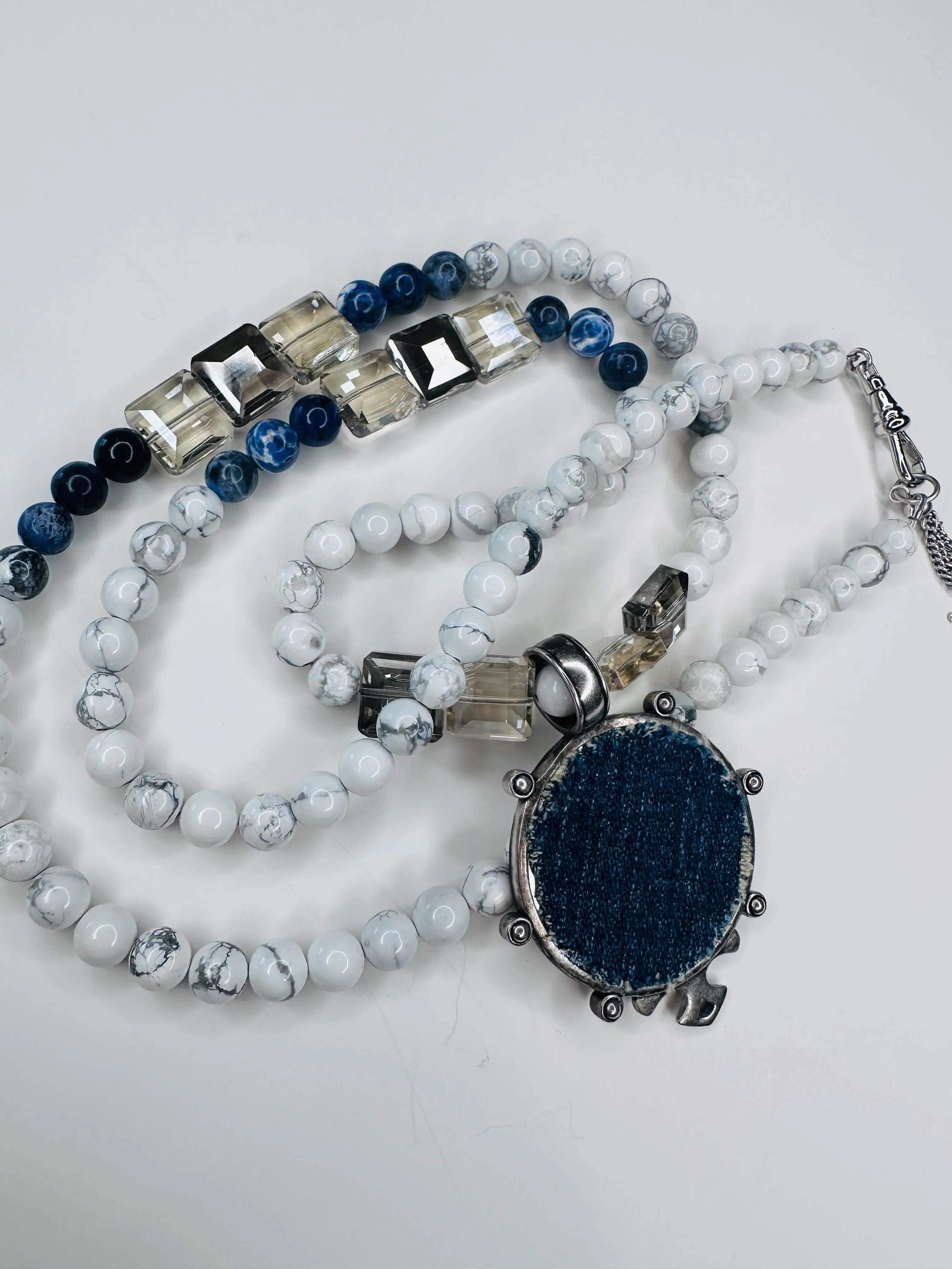 Beaded Necklace Boho Pendant Navy Blue & White