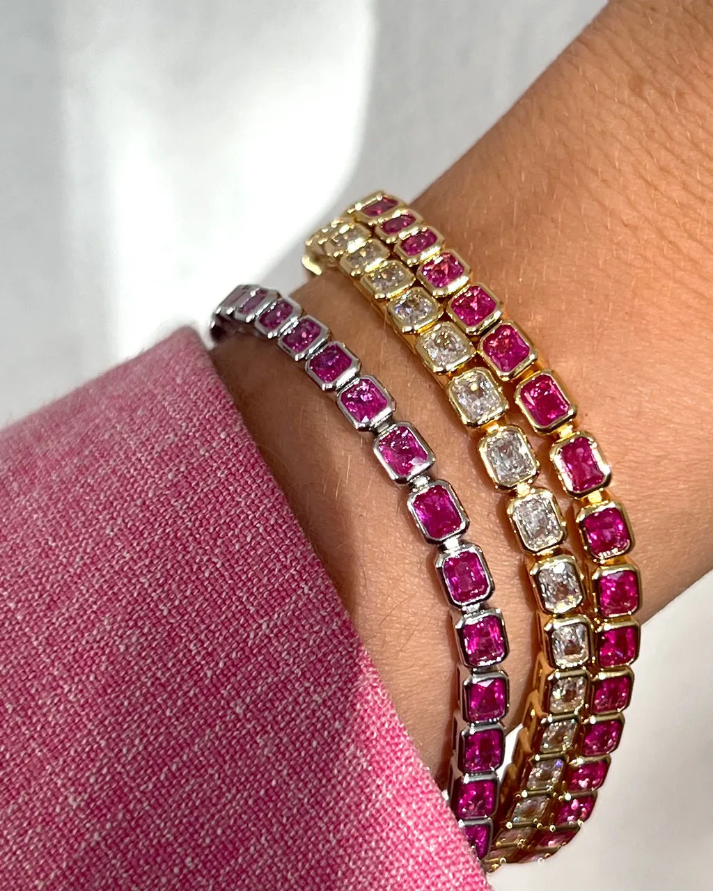 Bezel Emerald Ballier Bracelet- Pink- Silver