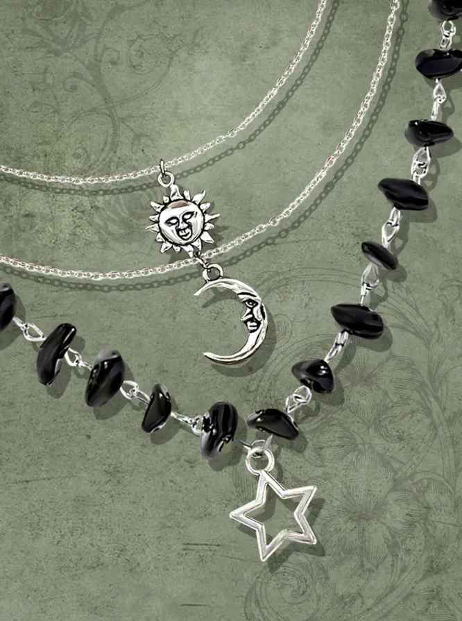 Black & Silver Sun, Moon & Star 3 Piece Necklace