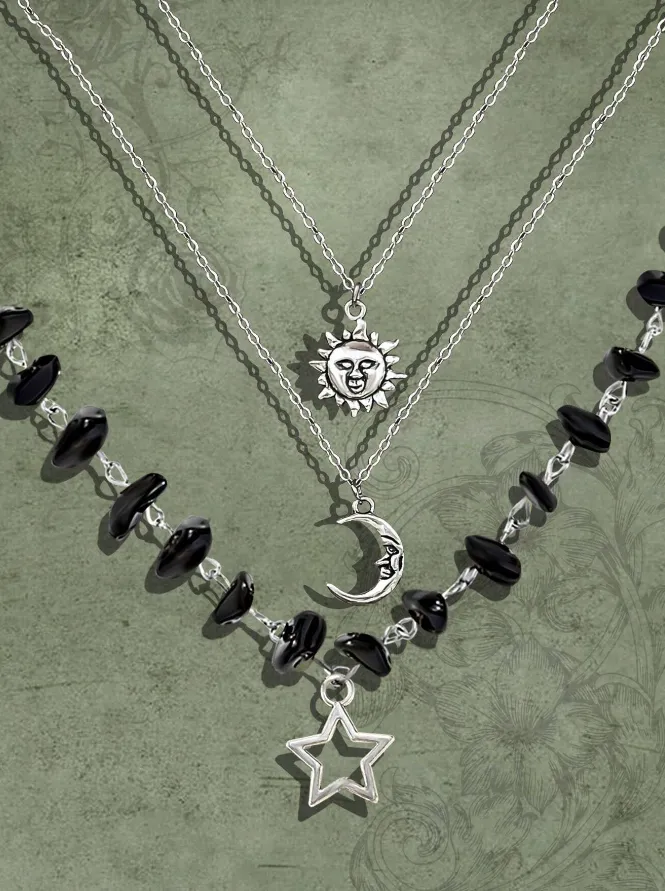 Black & Silver Sun, Moon & Star 3 Piece Necklace