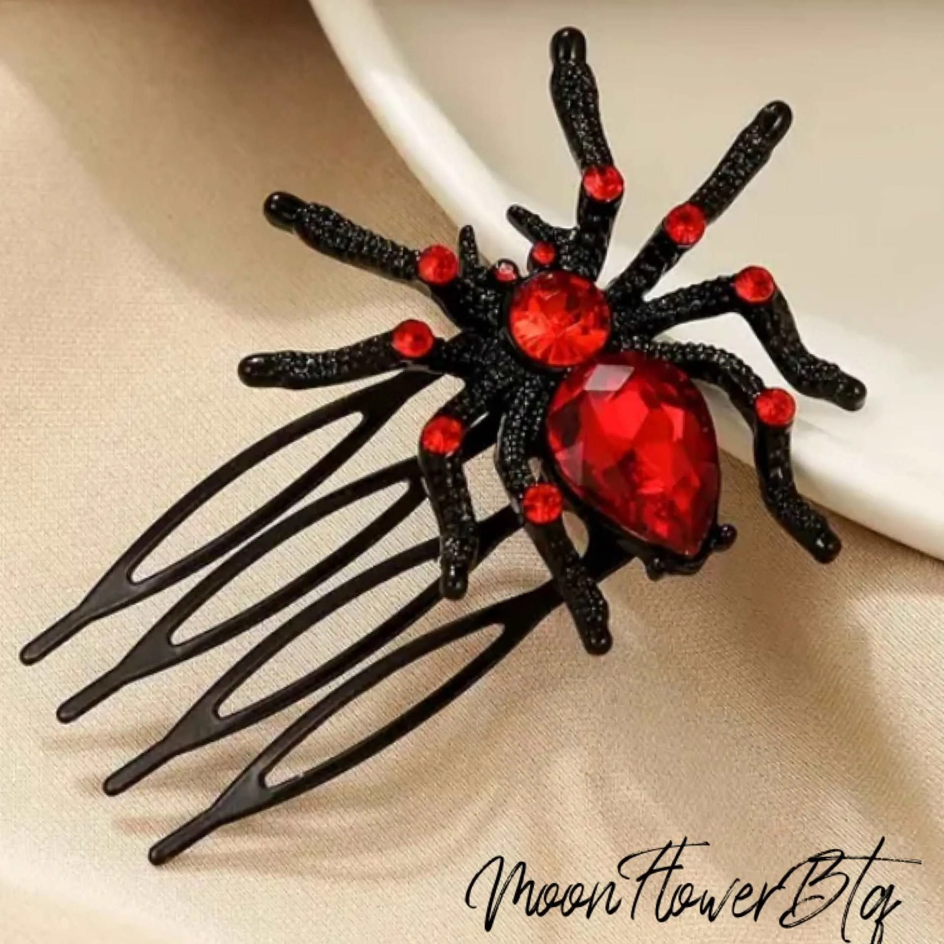 Black Red Jeweled Spider Hair Comb