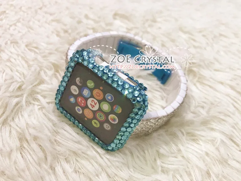 Bling Apple Watch Lake Blue Crystal Case / Protector / Cover with a Silver Swarovski Rhinestone Watch Band / Strap