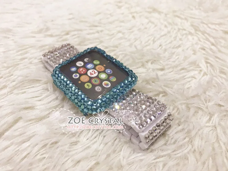 Bling Apple Watch Lake Blue Crystal Case / Protector / Cover with a Silver Swarovski Rhinestone Watch Band / Strap