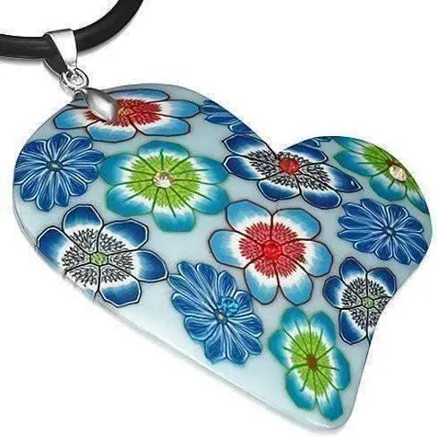 Blue Colorful Flowers Hand Made Heart Necklace