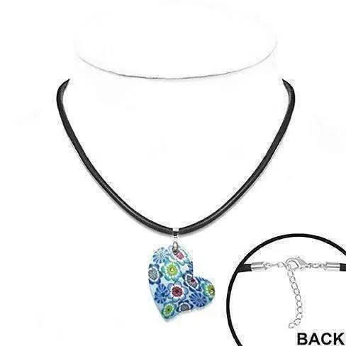 Blue Colorful Flowers Hand Made Heart Necklace