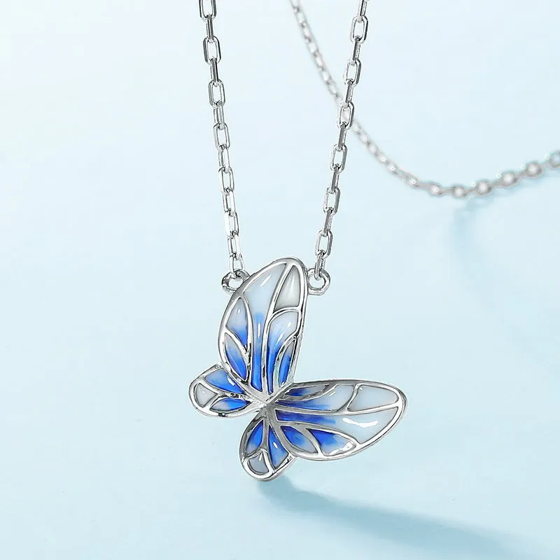 Blue Enamel Butterfly Zircon Sterling Silver Necklace