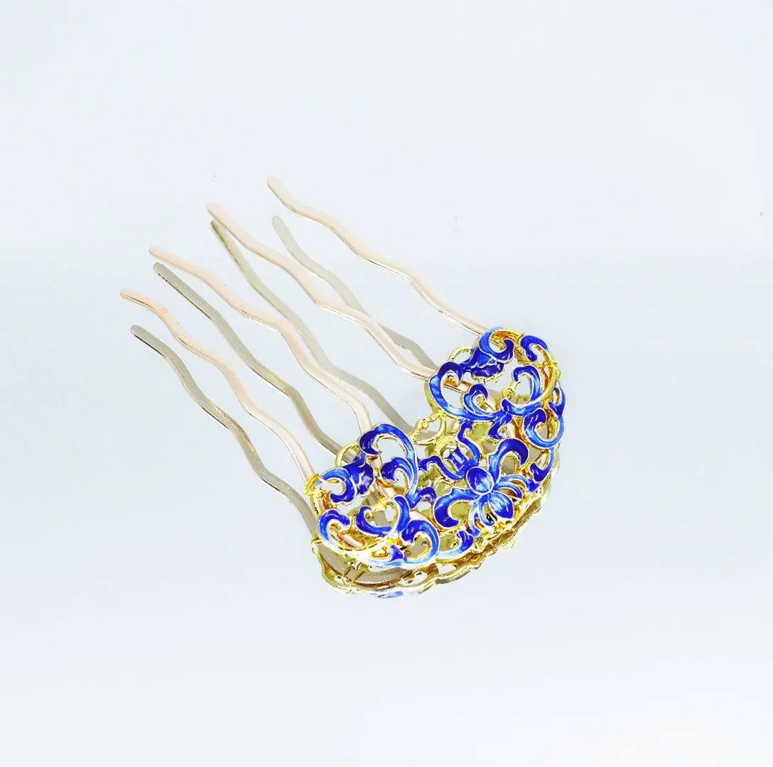 Blue Enamel Peony Hair Comb