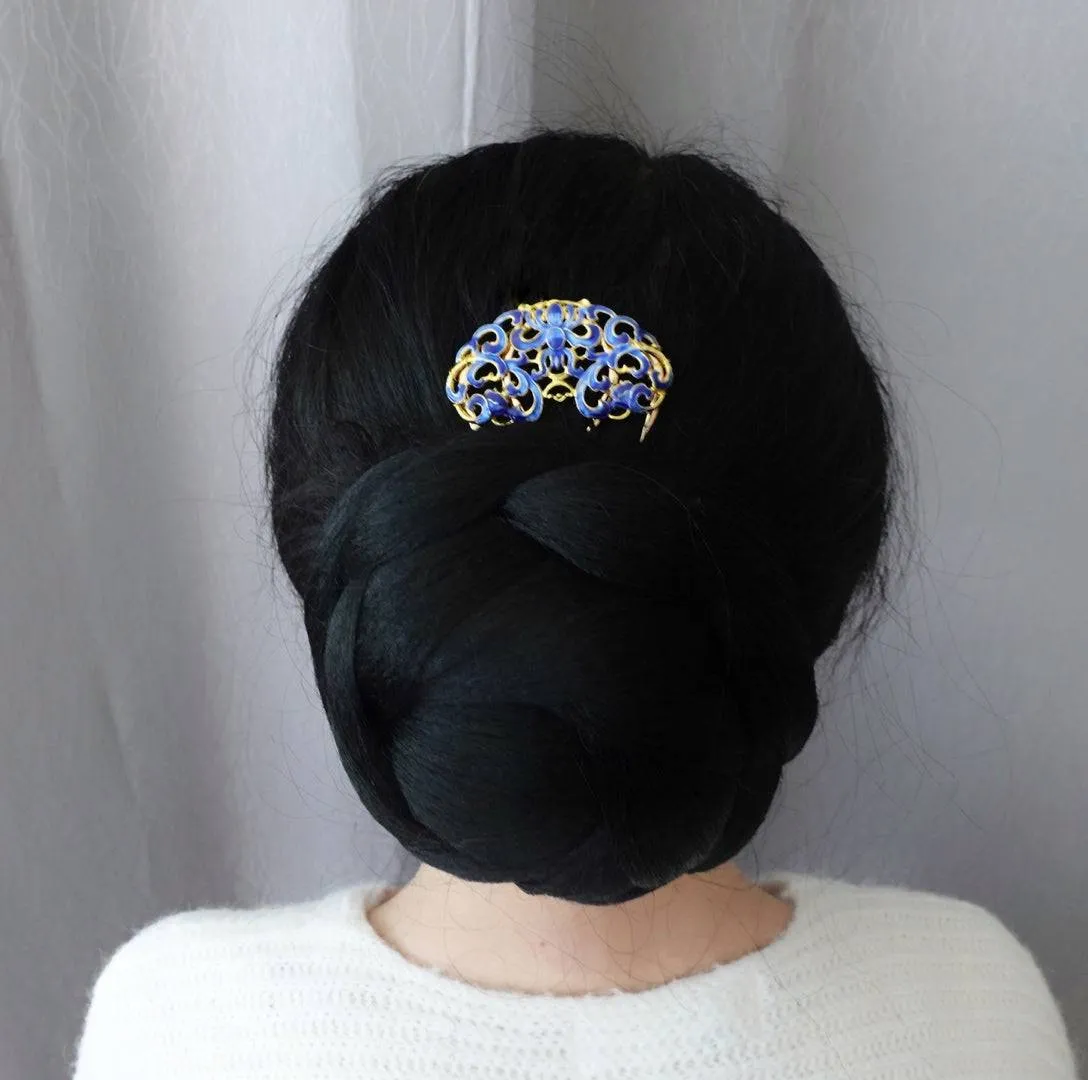 Blue Enamel Peony Hair Comb