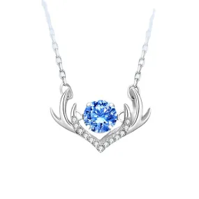 Blue Zircon Deer Pendant Silver Necklace for Women