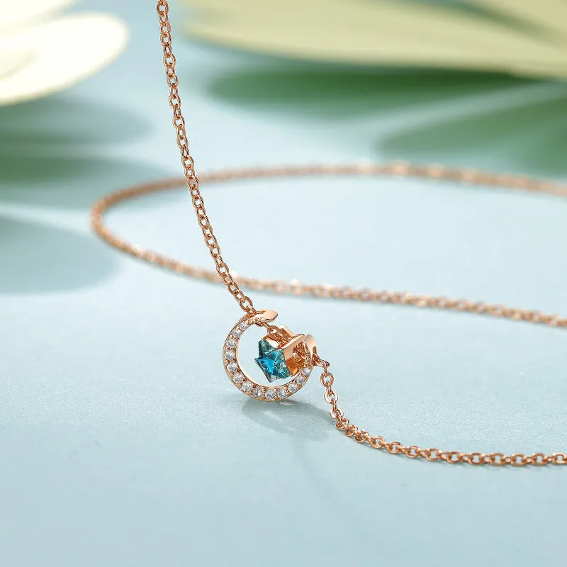 Blue Zircon Star with Moon Silver Necklace for Women