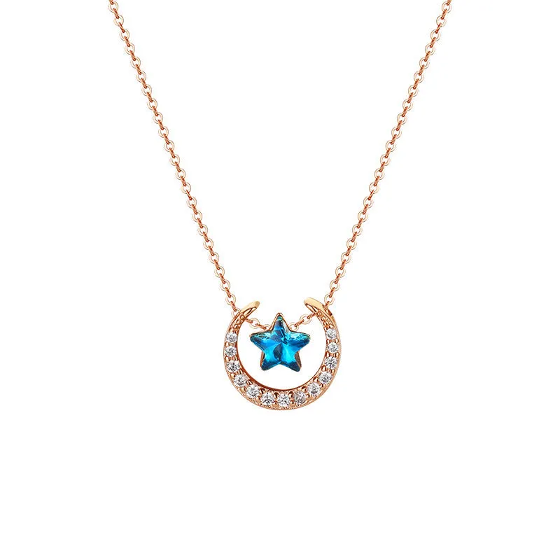 Blue Zircon Star with Moon Silver Necklace for Women