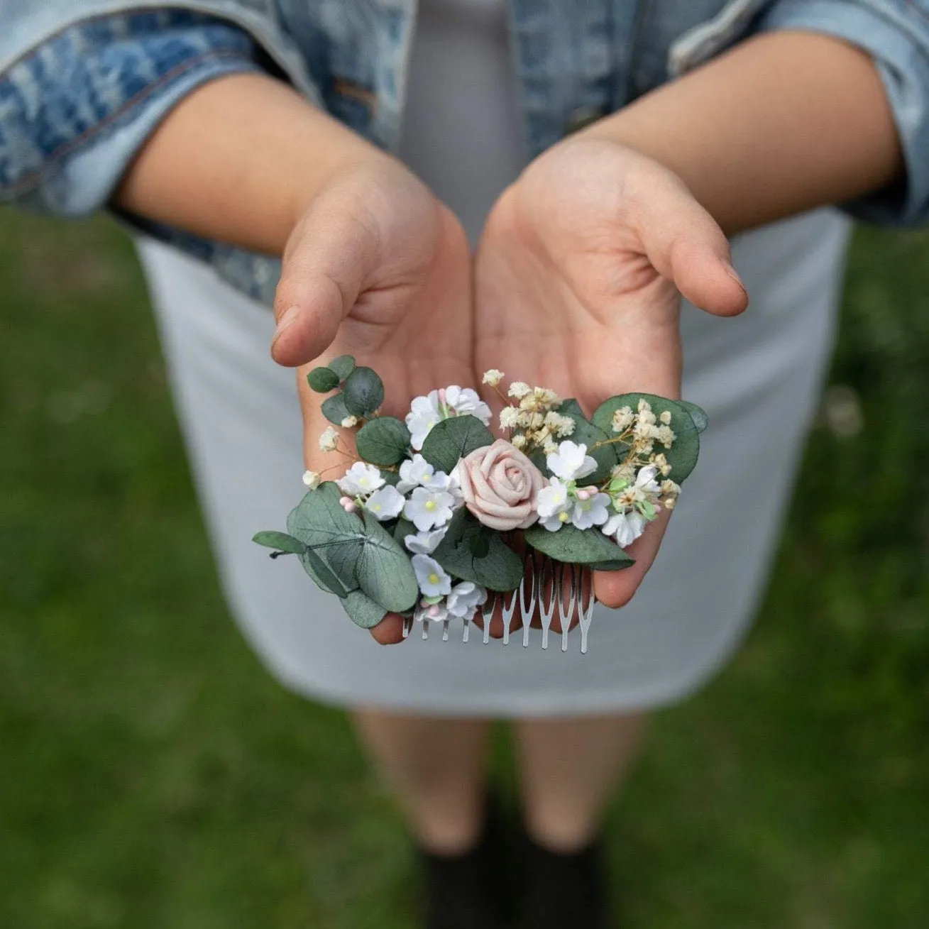 Blush and ivory flower hair comb Wedding hair comb Bridal accessories Pink flower comb Flower hair comb Greenery flower comb Magaela Natural