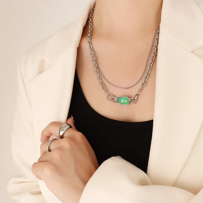 Boho Chic Double-Layer Zircon Necklace with Titanium Steel Chain