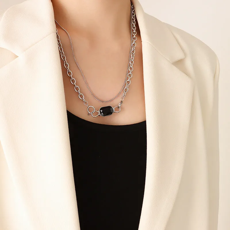 Boho Chic Double-Layer Zircon Necklace with Titanium Steel Chain