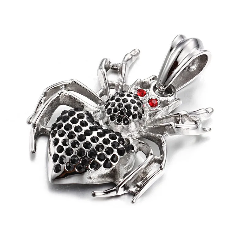 Bold Men's Titanium Steel Spider Pendant with Red Gemstone and Zircon Accents