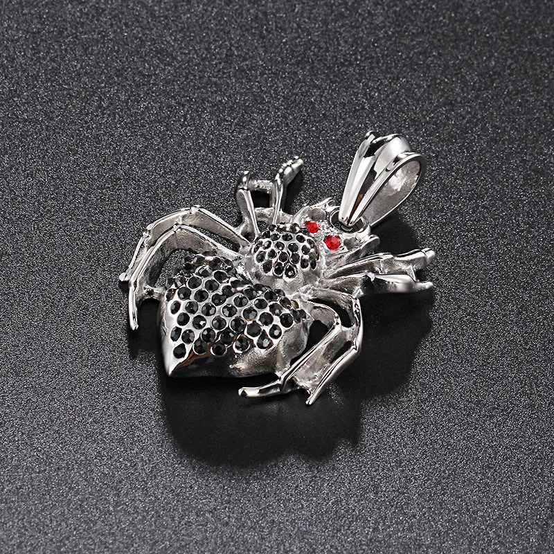 Bold Men's Titanium Steel Spider Pendant with Red Gemstone and Zircon Accents