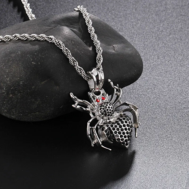 Bold Men's Titanium Steel Spider Pendant with Red Gemstone and Zircon Accents