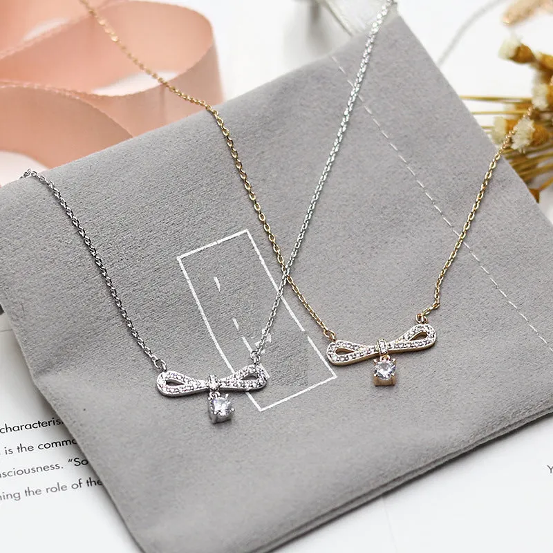 Bow with Round Zircon Silver Necklace for Women