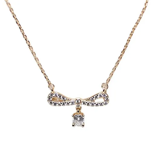 Bow with Round Zircon Silver Necklace for Women