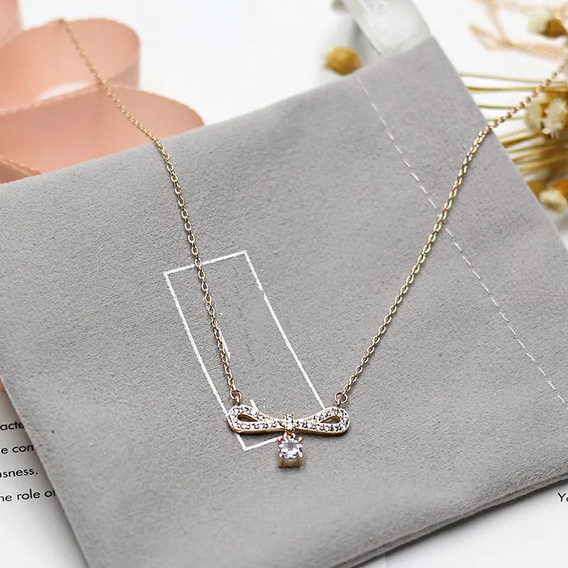 Bow with Round Zircon Silver Necklace for Women