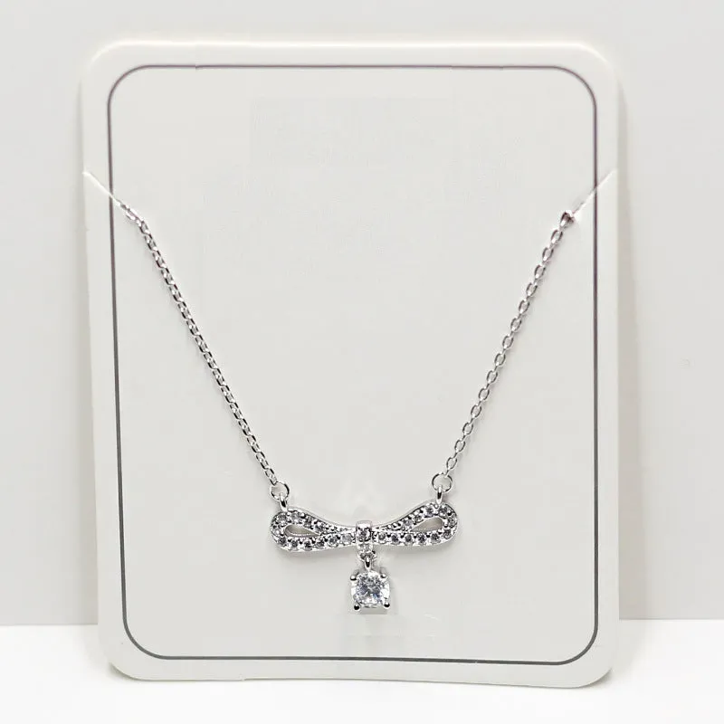 Bow with Round Zircon Silver Necklace for Women