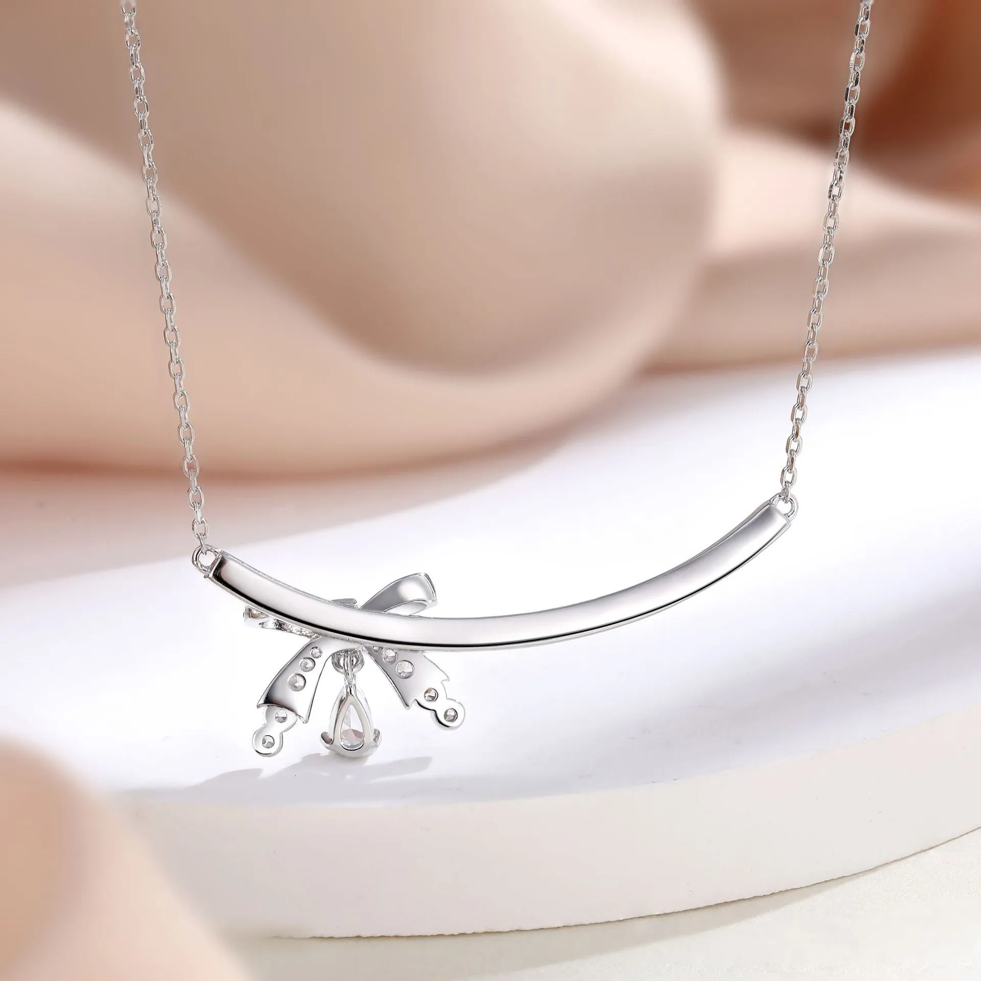 Bowknot Pear Shape Zircon Arc-shaped Strip Sterling Silver Necklace