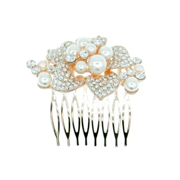 Bridal Decorative Comb Rhinestone 5-Petal Flower with Glass Pearls