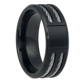 Brushed Black Titanium Ring with Double Cable Inlay