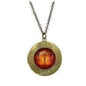 Butterfly Glass Cabochon Antique Locket Necklace - Orange on Red