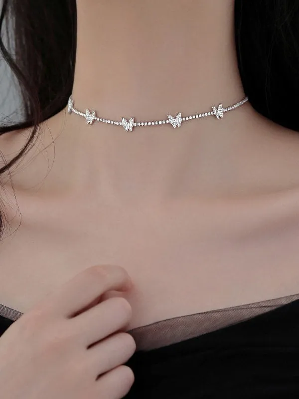 Butterfly Necklace 925 Sterling Silver Zircon Luxury Short Choker Tennis Necklaces