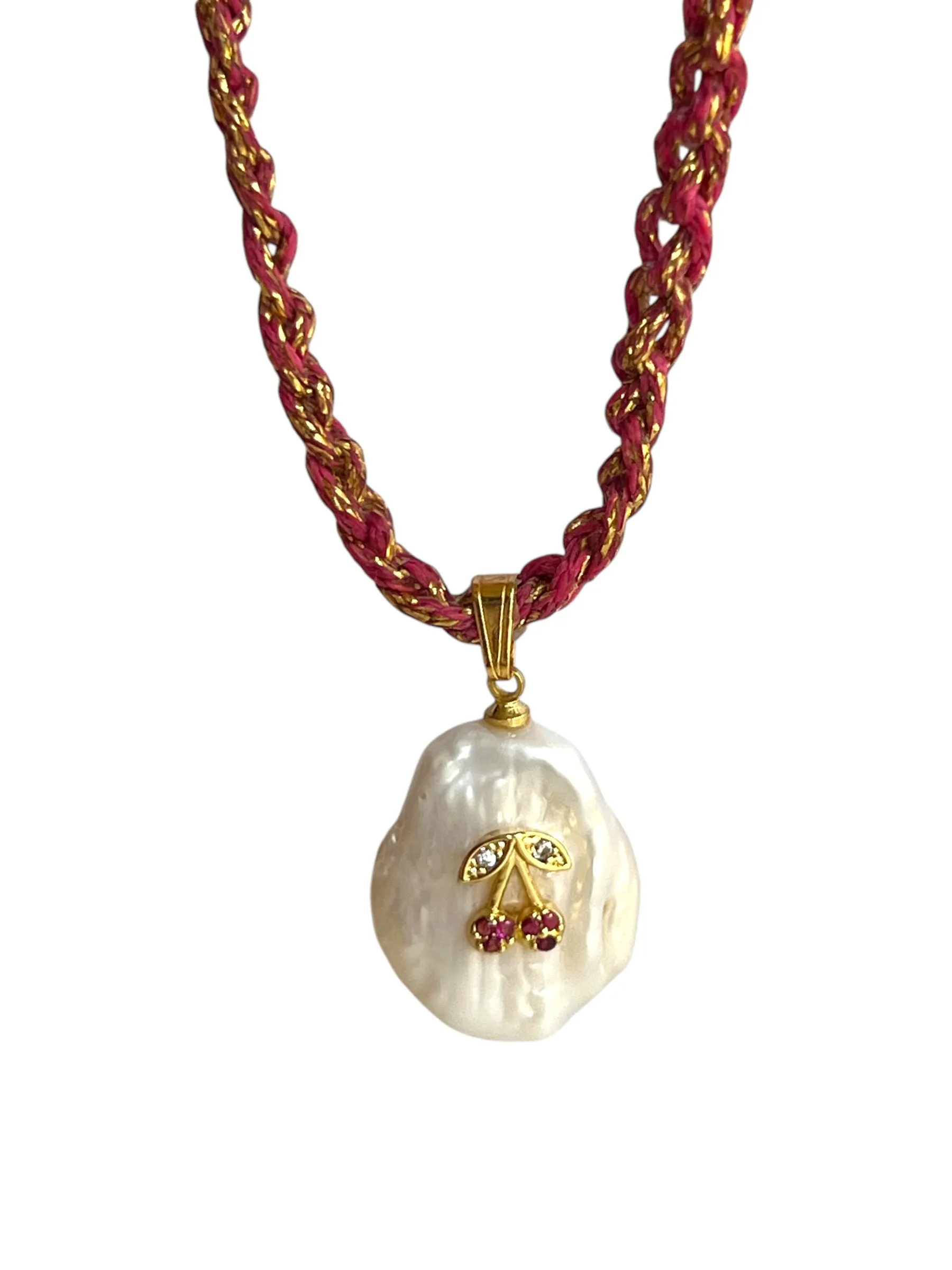 Cherry You Up Pearl 18k Gold Plated  Crochet Necklace