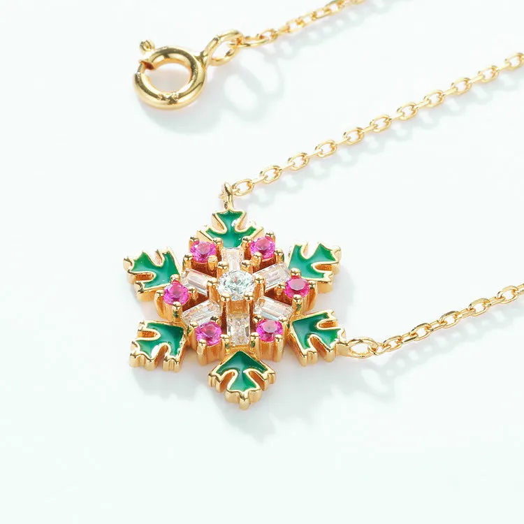 Christmas Colorful Zircon Snowflake Pendant Sterling Silver Necklace