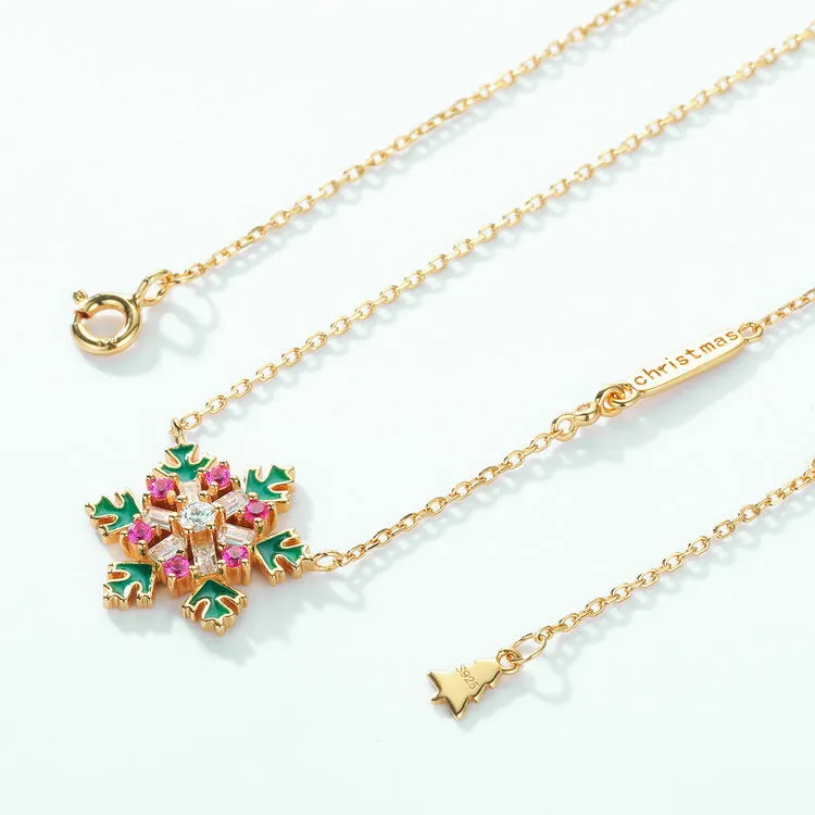 Christmas Colorful Zircon Snowflake Pendant Sterling Silver Necklace