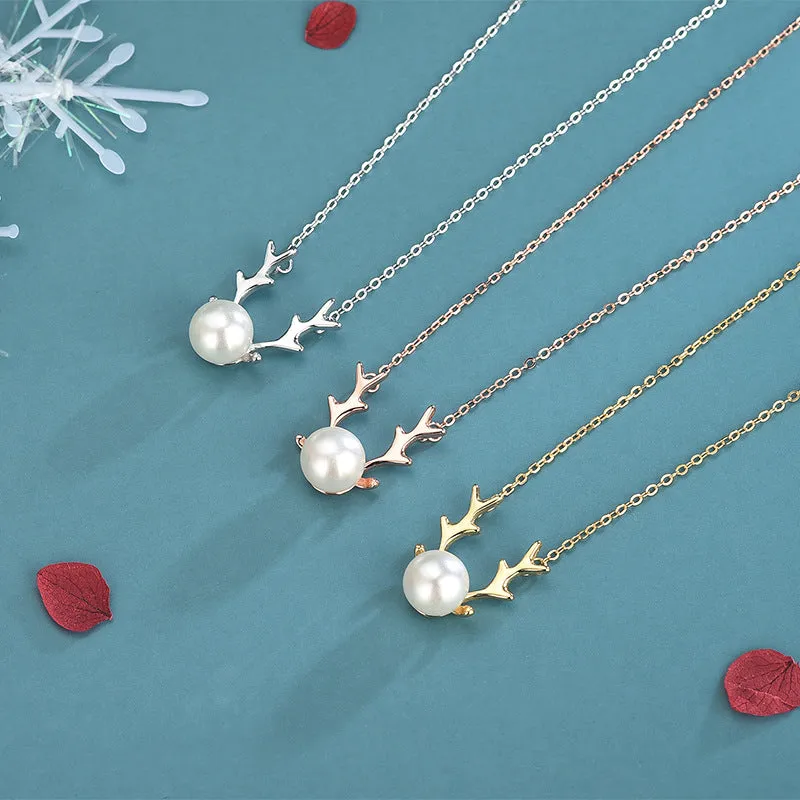 Christmas Elk Antlers Pearl Pendant Necklace